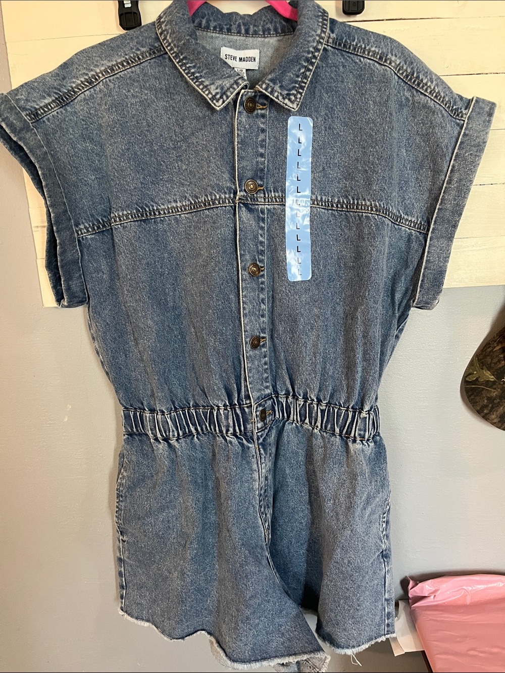 Steve Madden Washed Blue Denim Romper with Elastic Waist